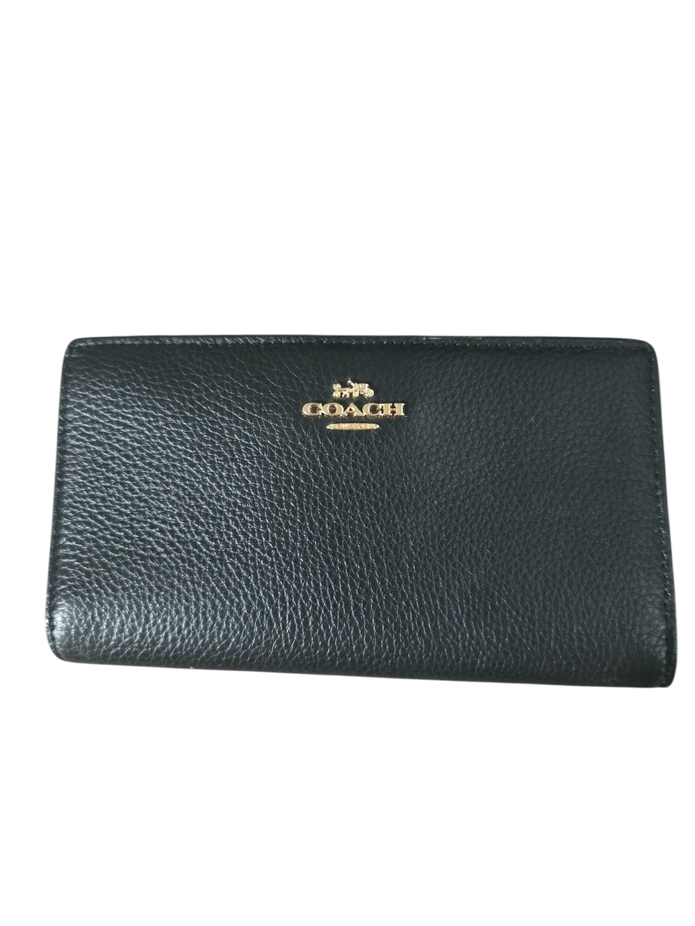 Coach Black Pebbled Leather Continental Wallet with Gold Tone Logo